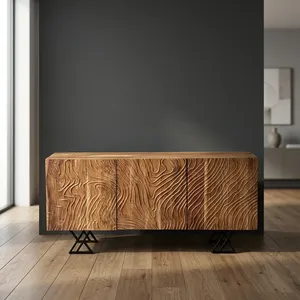 Buffet vintage en bois indien recyclé à trois portes, meuble TV avec pieds en métal, meuble de rangement rustique - Product Image 6