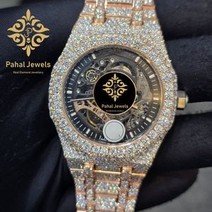 Montre mécanique de luxe Pahal Jewels pour femme, acier inoxydable, or rose, cadran squelette incrusté de diamants, analogique, 38 mm, fermoir pliant - Product Image 1