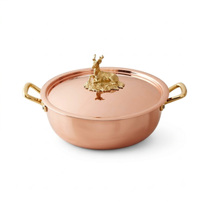 Casserole en cuivre lisse avec bouton et poignées en laiton motif cerf, ustensile de cuisine de luxe pour la cuisson haut de gamme, robuste - Product Image 1