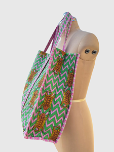 Sac fourre-tout en toile à imprimé chevron rose et vert, motif tigre, sac de shopping tendance à ouverture supérieure, toutes saisons - Product Image 3