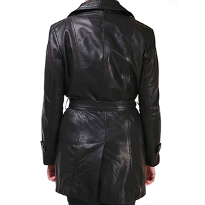 Double breasted long leather trench coat for women with waist belt and front buttons for office or travel - Product Image 2