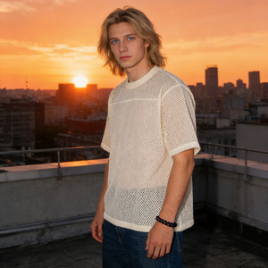 T-shirt en maille tricotée surdimensionné pour homme, manches courtes, col rond, respirant, couleur unie, 100% coton, blanc - Product Image 1