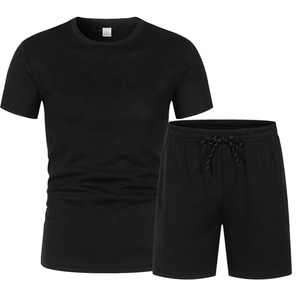 <b>Men's</b> Black Crew Neck T-Shirt With Shorts Casual Summer Cotton <b>Pajama</b> <b>Set</b> Breathable Knitted Two Piece Outfit - Product Image 1