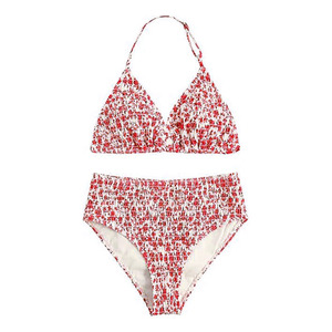 Conjunto de bikini halter estampado naranja y blanco para mujer, traje de baño de dos piezas de cintura alta, ropa de playa elástica fruncida, top triangular, bañador - Product Image 6