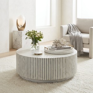 Mesa de Centro Moderna de Piedra Redonda para Sala de Estar, Mesa de Centro con Incrustaciones de Hueso Natural y Marco de Madera, Muebles para Villa - Product Image 2
