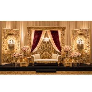 Glamorous Professional Muslim Walima Wedding Stage Decor Set with Luxury Gold & Red <b>Curtains</b> Lightweight Chandelier Lighting - Product Image 1