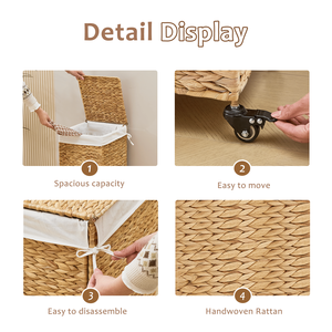 Panier à linge roulant en jacinthe d'eau naturelle tressée avec couvercle et roulettes - Product Image 4