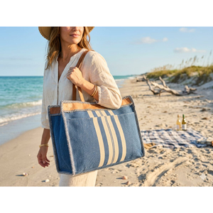 Sac fourre-tout en coton rayé doux fait main pour femme, sac à bandoulière imperméable avec poignée en cuir, sac de plage et de voyage écologique - Product Image 2