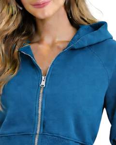 Sweat-shirt à capuche zippé court pour femme, bleu, à manches longues, style streetwear décontracté, veste de fitness, haut de mode hivernal, usage quotidien - Product Image 3