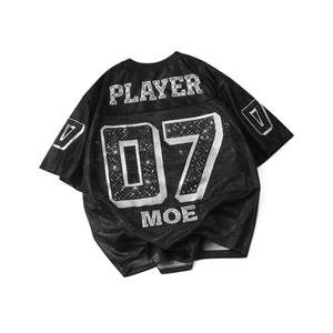 Maillot de football américain noir orné de cristaux, strass, maille oversize, logo personnalisé, streetwear, production OEM en gros - Product Image 2