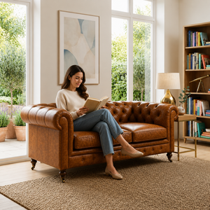 Sofá de cuero genuino de 2 plazas, sofá cama moderno con adornos de clavos, sofá ecológico y duradero para villa, sofá de cuero para sala de estar - Product Image 3