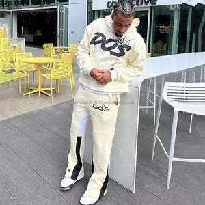 Chándales con capucha y borde de dobladillo crudo con estampado de algodón OEM personalizados, pantalones para hombre, chándal apilado acampanado para hombre, conjunto de Jogger de dos piezas - Product Image 6