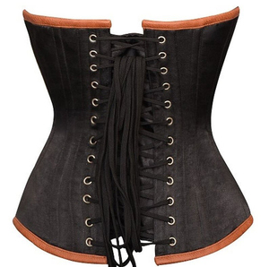 Corsé de cuero para mujer, negro con ribete marrón, cierre de gancho y ojal, faja moldeadora de control firme - Product Image 2