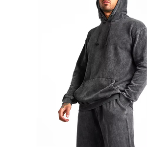 Men Acid Wash 2 in 1 Hip Hop <b>Tracksuit</b> Full Sleeve Hooded Solid Color Casual Regular Fit 100% Cotton Sweatshirt Pants Set Winter - Product Image 3