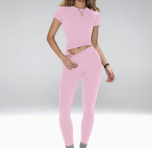 Combinaison de yoga rose sans coutures, col rond, manches courtes, taille haute, longueur intégrale, en coton et élasthanne, extensible dans les quatre sens, ensemble de vêtements de sport - Product Image 4