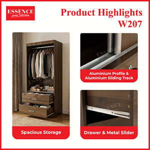 Armario de Dormitorio Moderno Contemporáneo de Dos Puertas con Panel Plano de Aglomerado, Plegable, Color Nogal, 2 Cajones, Tiradores de Aluminio W207 - Product Image 5