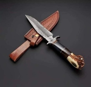 Couteau Bowie en acier Damas fait main A&M Enterprises avec manche en corne et étui en cuir, couteau de survie professionnel pour la chasse - Product Image 6