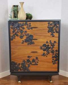 Luxury Handcrafted Solid Wood 4 Drawer Dresser Ornate Black Floral Vine Relief Carving Natural Finish - Product Image 2