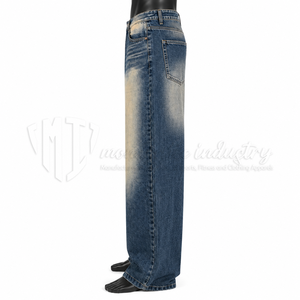 Jeans personnalisés en gros pour hommes, style streetwear hip-hop, à ourlet brut, coupe ample, délavés par le soleil, bleu foncé, jambe large et droite - Product Image 4