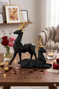 Figuras de ciervos negros con astas doradas en poses de pie y acostadas, estatuas decorativas para encimeras y mesas. - Product Image 2