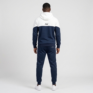 <b>Mens</b> Navy Blue <b>White</b> Solid 100% Cotton Fleece Tracksuit Set Full Zip Hooded Sportswear Jacket & Jogger <b>Pants</b> - Product Image 3