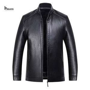 Veste en cuir PU pour homme, col montant, fermeture éclair, couleur unie, style motard, vêtement d'hiver, doublure en fausse fourrure, coupe classique - Product Image 1