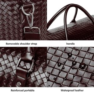 Men's Woven Leather Weekender Duffle Bag Diamond Pattern Large Capacity Zipper Closure Travel Bag <b>Soft</b> Handle - Product Image 5