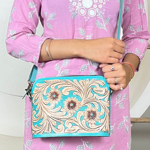 Western Style Hand Tooled Turquoise Leather Floral Design Handbags Wholesale custom Designer Crossbody Sling <b>Bags</b> for Female - Product Image 4