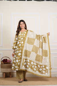 Ensemble Anarkali en coton à imprimé floral et broderies miroir, col en V, manches trois-quarts, longueur cheville, avec pantalon et dupatta, séchage rapide, idéal pour l'été et la protection solaire - Product Image 3