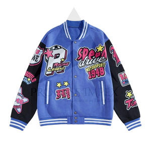 Veste de baseball bleue pour homme avec design patchwork, impression par sublimation, style streetwear, vêtement d'automne, coupe classique, col rabattu - Product Image 1