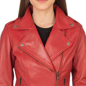 Chaqueta de Moto para Mujer, de Cuero Vacuno Genuino, Resistente al Viento, Color Rojo, Manga Larga, Cierre de Cremallera, Cuello Camisero, Estilo Invernal - Product Image 3
