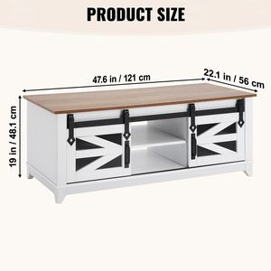 Table basse rectangulaire de style farmhouse de 48 pouces avec 2 portes coulissantes et 2 niveaux de étagères rustiques en bois amovibles - Product Image 6