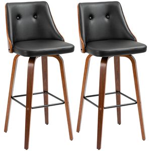 Set of 2 Counter Height Swivel Bar <b>Stools</b> PU Leather Tufted <b>Back</b> Footrest Soft Strong Black for Dining Room Kitchen Chrome Base - Product Image 1