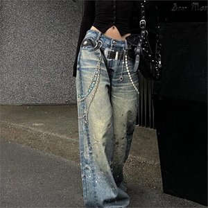 Jean imprimé effet éclaboussures d'encre pour femme avec chaîne décorative, coupe longue traînant sur le sol - Product Image 5