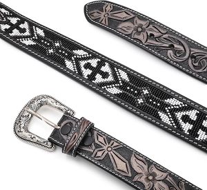 Cinturón de Cuero Vacuno con Cuentas Estilo Western Premium, Hebilla de Aleación, Ecológico y Duradero - Product Image 4