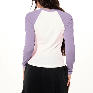 Premium Sale Crew Neck Knitted Slim Fit Women's Color Blocked <b>Raglan</b> Sleeve Casual <b>Top</b> Spandex Cotton Breathable Women T-Shirt - Product Image 2