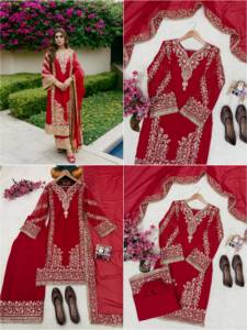 Conjunto de Salwar Kameez Étnico para Mujer, Rojo, Bordado, Manga Larga, Corte Regular, para Bodas y Fiestas - Product Image 6