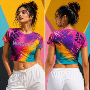 Custom Printed Women Y2K Collarless Crop Tee Digital Printing Hollow <b>Rainbow</b> Streetwear Summer Fashion Clothing OEM Manufacturer - Product Image 5