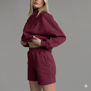Women's Green Fleece Turtleneck Shorts <b>Set</b> Regular Fit Casual Solid Color Two Piece Sweatshirt Shorts Outfit Winter Eco-Friendly - Product Image 4