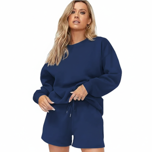 Womens Brown Solid Crew Neck Oversized <b>Sweatshirt</b> and Shorts Set <b>Long</b> Sleeve Casual Streetwear Activewear OEM ODM Wholesale - Product Image 3