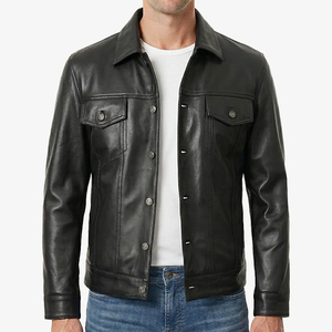 Veste de luxe pour homme en cuir véritable, coupe ajustée, en peau de mouton véritable, noire, style camionneur, boutonnée, vintage, décontractée, manteau d'extérieur, vente en gros - Product Image 1