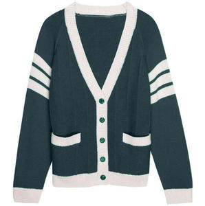 Cardigan en tricot à col en V pour homme, rayures vert foncé et blanches, manches longues, fermeture boutonnée, style automne, pull pour femme et homme - Product Image 1