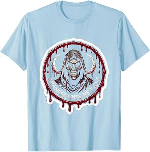 Men's Light Blue <b>Gothic</b> Skull T-Shirt With Blood Drip Design Short Sleeve O-Neck Regular Fit Printed Pattern Front Logo - Product Image 1