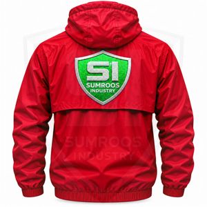 Veste coupe-vent OEM/ODM pour homme, veste bomber rouge à capuche, coupe-vent, fermeture éclair sur le devant, design avec badge, vêtement d'automne - Product Image 3