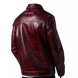 Trendy Men's Red Embossed PU Leather Biker Jacket Turn-down Collar Zipper Closure Moto Style Autumn Wear Breathable - Product Image 4