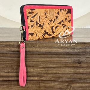 Western Luxury Style Tooled Leather Sunflower Design Cute Pink <b>Zip</b> Pattern Clutch Multiple Use For Ladies Credit Holder <b>Wallet</b> - Product Image 1