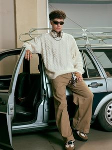 Men's Oversized Cream <b>Cable</b> <b>Knit</b> Pullover Crew Neck <b>Sweater</b> Regular Fit Casual Style Autumn Wear - Product Image 5