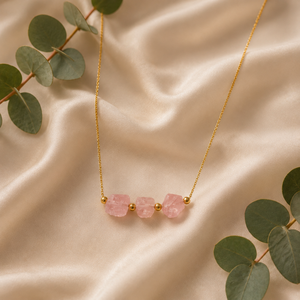 Rose Quartz Three Stone Necklace Gold Plated Raw Gemstone Chain Handmade Crystal Birthstone Jewelry Gift for Women <b>Wife</b> - Product Image 2