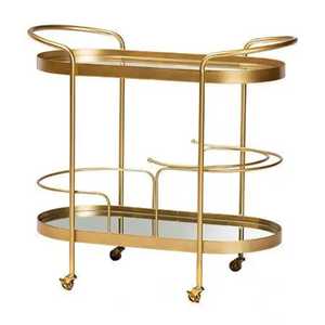 Chariot de bar ovale de luxe doré, chariot de service moderne à 2 niveaux en métal et verre, chariot roulant pour vin et boissons, mobilier de cuisine en gros - Product Image 1
