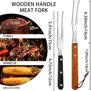 2 Forchette da Carne in Acciaio Inox con Manico in Legno, Utensili per Barbecue e Cucina - Product Image 3